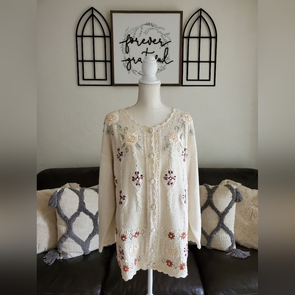 Vintage 90's Floral Embroidered Romantic Cottagecore Button Up Cardigan Size XL